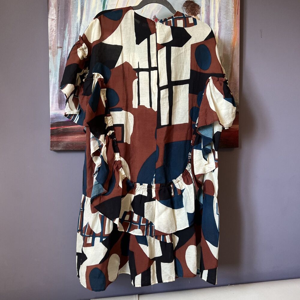 Eva Franco Sz 6 Floral Geometric Dress Brown white Blue NWT